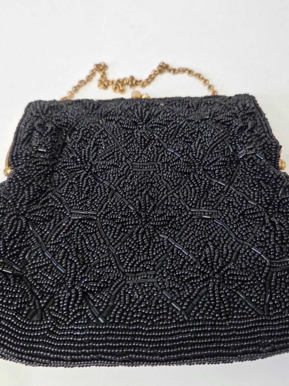 Vintage beaded black evening cocktail bag gold tone chain made in Hong Kong